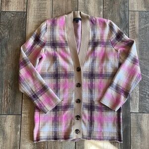 Ann Taylor Plaid Pink and Tan Knit Cardigan